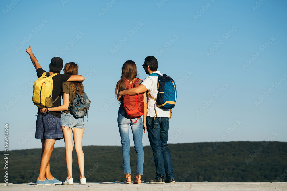 travel view with people in mountain on blue sky background