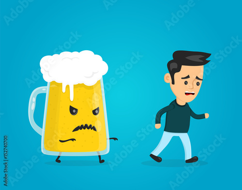 Angry evil glass of beer chasing a man. vector flat style fun cartoon character modern illustration design. alcohol addiction concept