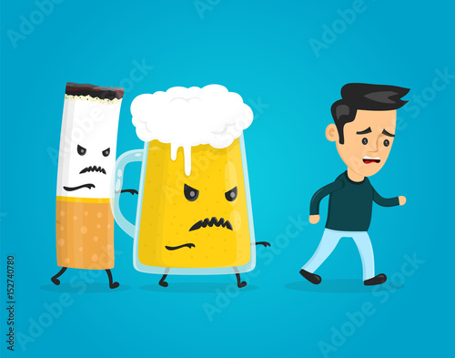 glass of beer and cigarette chasing a man. vector flat style fun cartoon character modern illustration design. alcohol and nicotine addiction kill concept. Stop drink and smoking