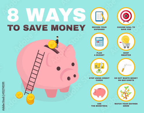 8 way to save money infographic. pig money box Isometry character. vector flat cartoon illustration icon design. no credit, money, bankrupt, bank. concept, saving finance money, plan, budget