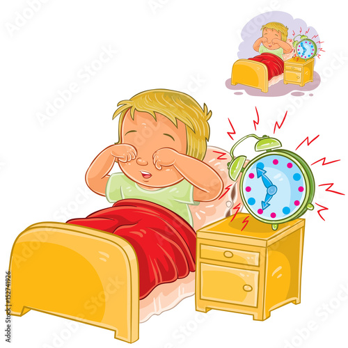 Vector illustration of a little child woke up in the morning from ringing the alarm clock and rubbing his eyes with his hands. Print, template, design element
