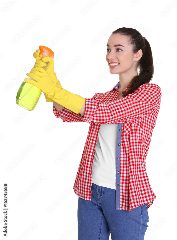 Beautiful young woman using cleanser spray on white background Beautiful young woman using cleanser spray on white background
