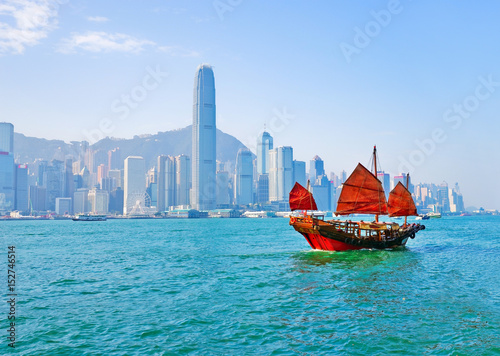 View of Hong Kong skyline with a red Chinese sailboat passing on the Victoria Harbor in a sunny day.