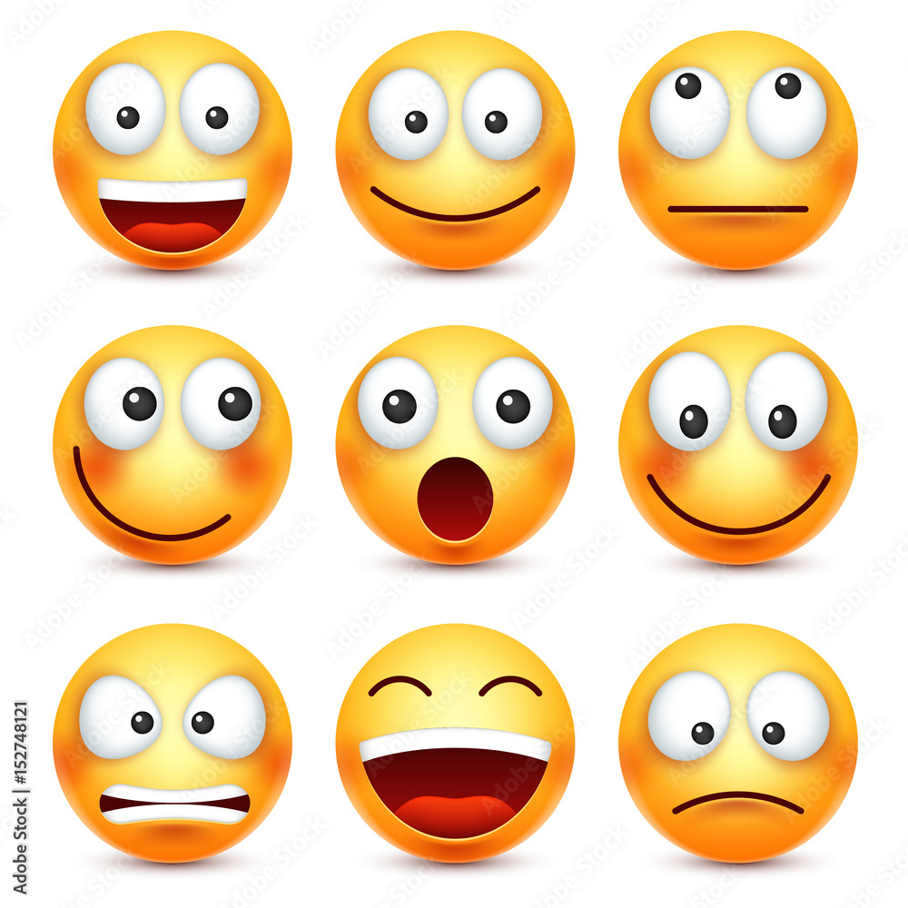 Smiley,emoticon set. Yellow face with emotions. Facial expression. 3d ...