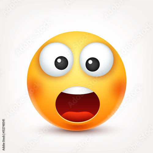 Smiley,surprised emoticon. Yellow face with emotions. Facial expression. 3d realistic emoji. Funny cartoon character.Mood. Web icon. Vector illustration.