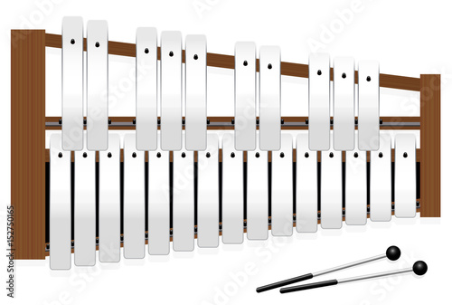 Metallophone with metal bars - top view - three octaves in c major with fifteen whole tones and ten halftones - plus two percussion mallets - illustrated vector illustration on white background.