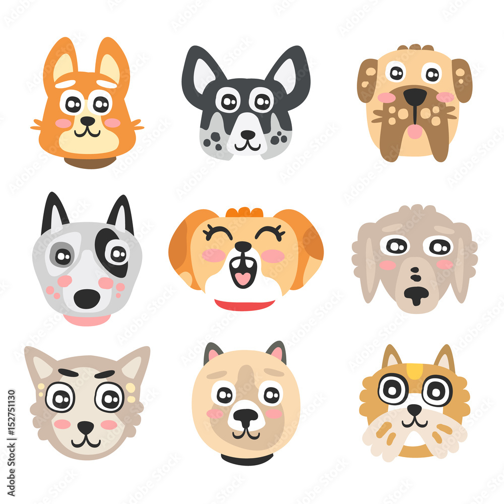 Set of funny cartoon dogs heads. Dogs of different breeds colorful character vector Illustrations
