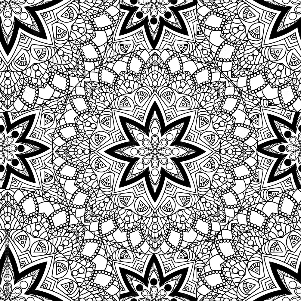 Black and white seamless mandala pattern. Monochrome seamless