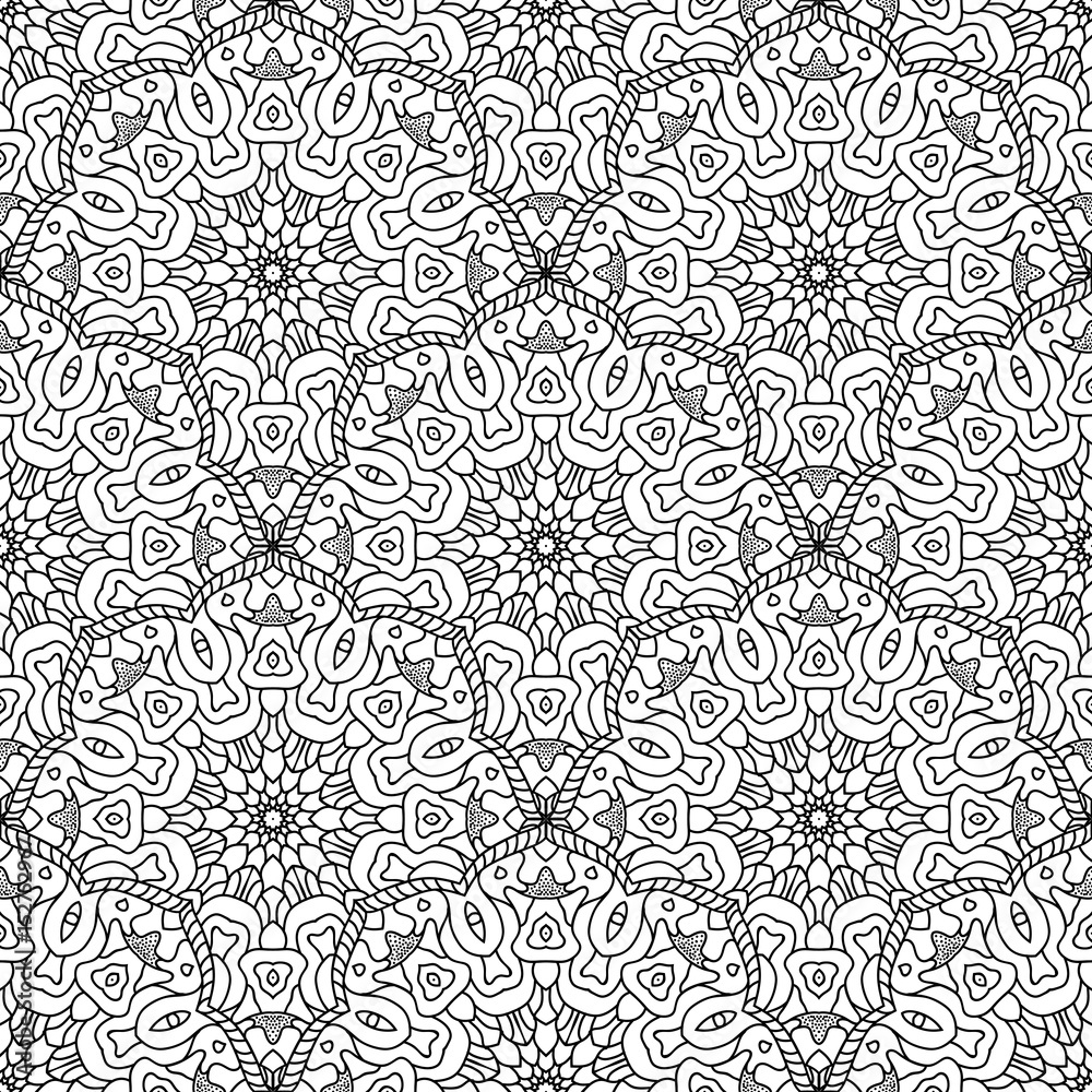 Black and white seamless oriental pattern. Monochrome seamless background with mandalas. Hand-drawn vector illustration. Anti stress coloring tile. Black and white seamless oriental pattern. Monochrome seamless background with mandalas. Hand-drawn vector illustration. Anti stress coloring tile.