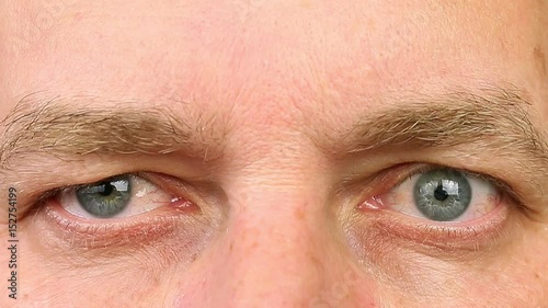 Adult man blinking his eyes. Extreme close-up view. Human eyes fast open up and shut down. REM rapid eye movement. See dreams sleep and wake up rapidly. Caucasian male face close open eyes. photo