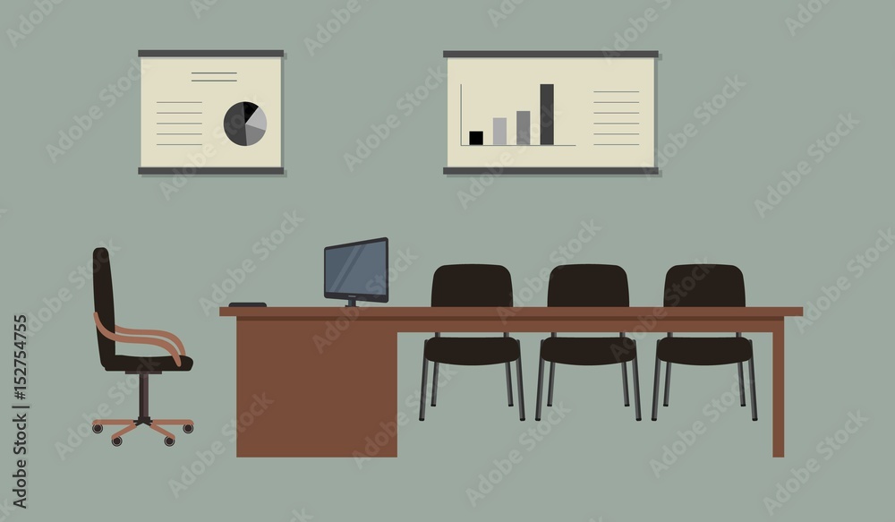 Conference hall. The office room is prepared for the meeting. There is a large desk, black chairs and posters with diagrams in the picture. On the table is a computer. Vector illustration. Conference hall. The office room is prepared for the meeting. There is a large desk, black chairs and posters with diagrams in the picture. On the table is a computer. Vector illustration.