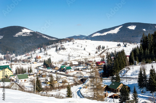 The village in the mountains in winter.