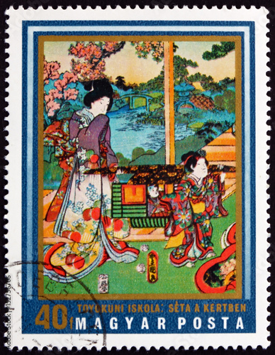 Postage stamp Hungary 1971 Walking in Garden, Japanese Art