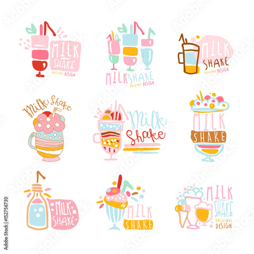 Milk shake labels set. Colorful hand drawn vector collection of milk shake illustrations
