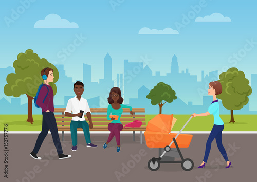 Different people are on their daily goings in the park vector illustration. People walking in city park.