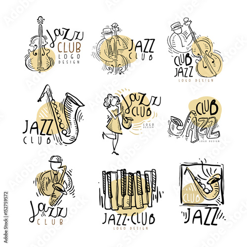 Jazz club labels set. Vintage hand drawn vector Illustrations