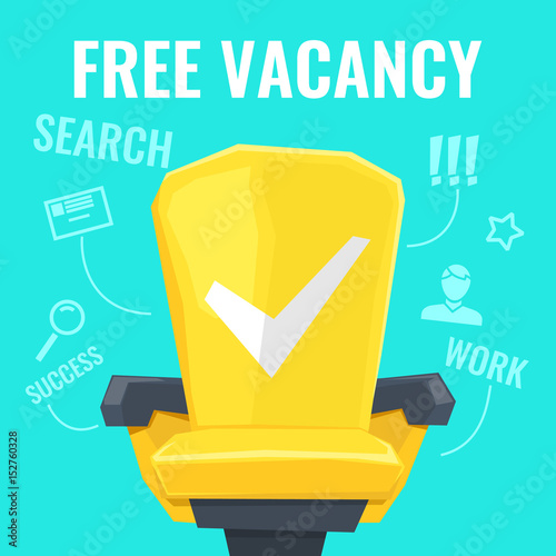 Vector illustration of a free vacancy with yellow chair worker and drawings search,human, magnifying glass