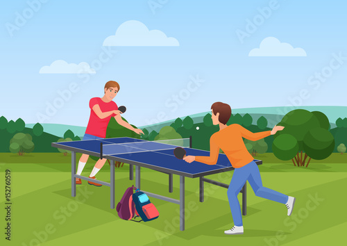 Table tennis pingpong match on the nature. The vector illustration of two friends playing ping pong.