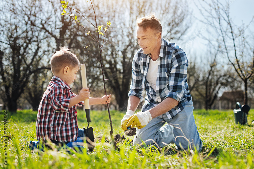 Fototapeta premium Dad and son working in yard together