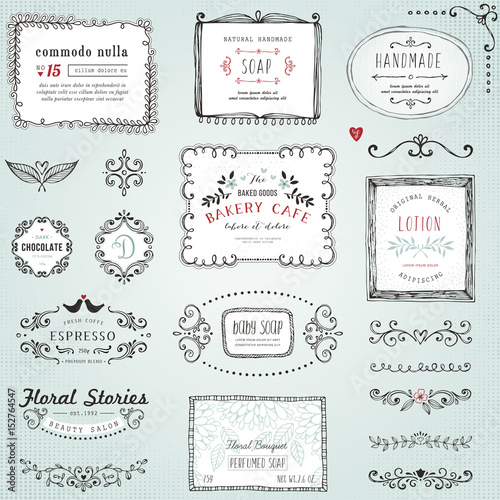Hand drawn labels, frames, flowers and floral dividers. Good for package design, promo signs and logo design.Vector illustration.