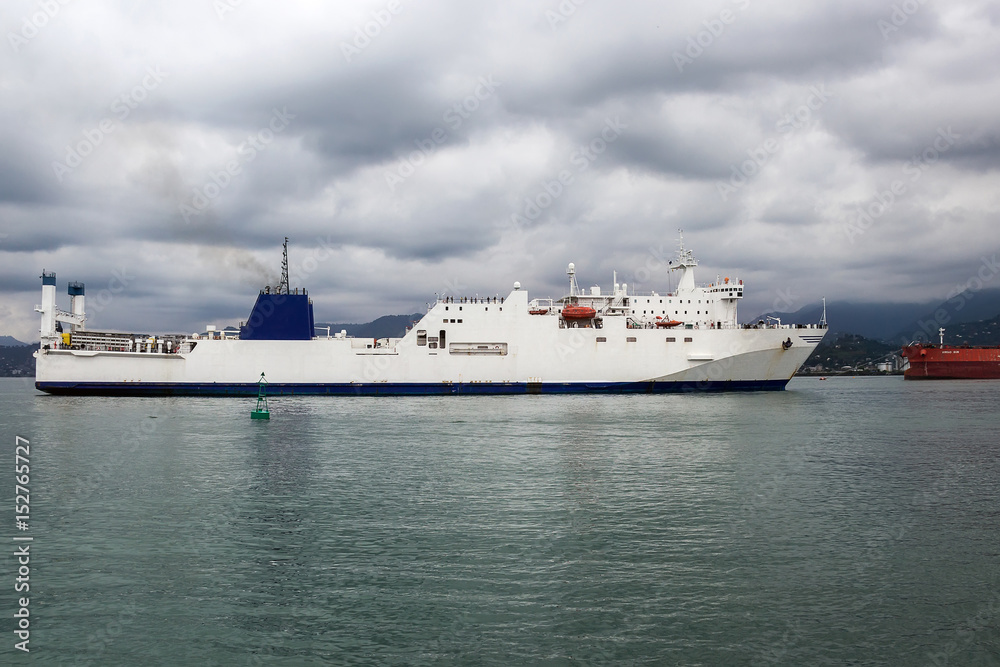 Ocean cargo ship sheltered from a storm in the bay of the port, Batumi, Georgia