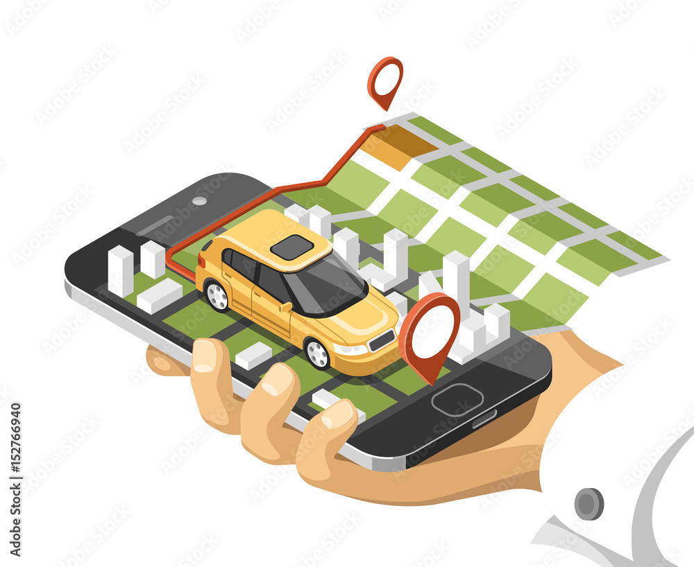 City isometric map with car and buildings on smart phone. Map on mobile navigate application. 3d vector illustration. City isometric map with car and buildings on smart phone. Map on mobile navigate application. 3d vector illustration.