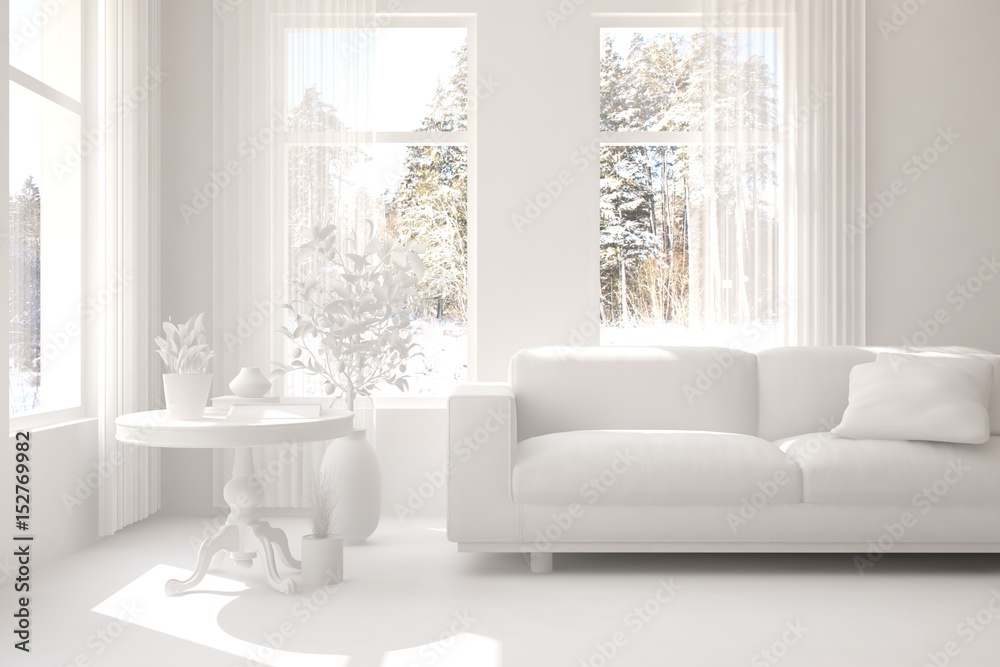 Fototapeta premium White room with sofa and winter landscape in window. Scandinavian interior design. 3D illustration