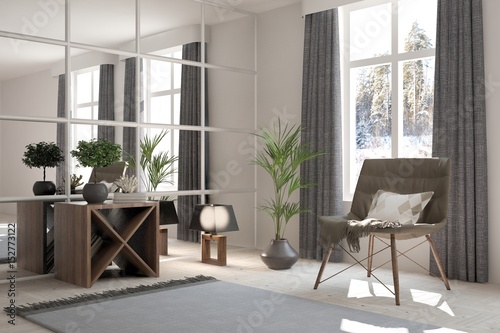 White room with armchair and winter landscape in window. Scandinavian interior design. 3D illustration