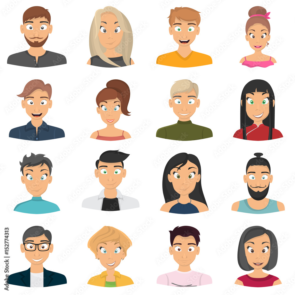 Mens and girls avatars set icons in cartoon style for web and mobile design Mens and girls avatars set icons in cartoon style for web and mobile design