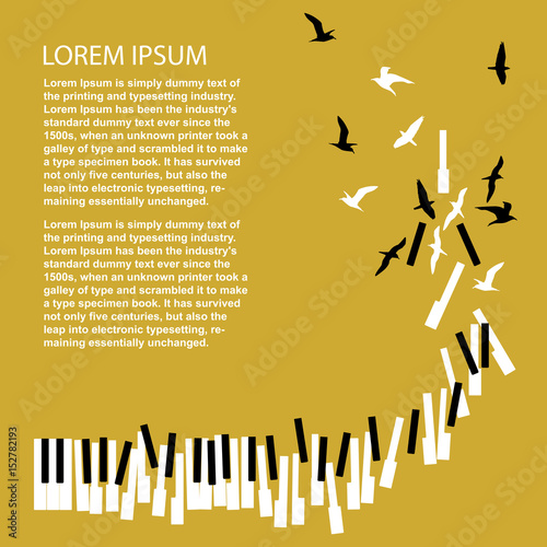 Piano keys turn into birds. Template for concert poster. Music festival announcement.