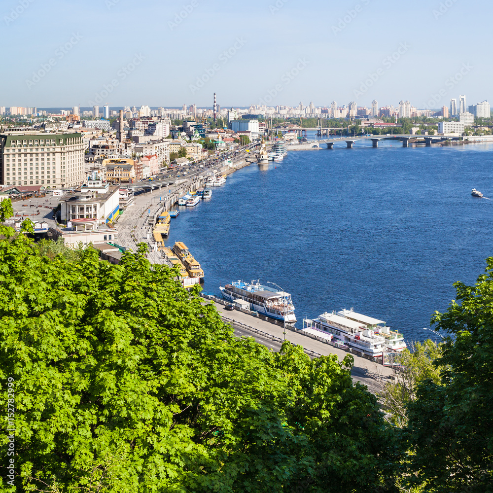 view of Kiev city Podil District with River Port