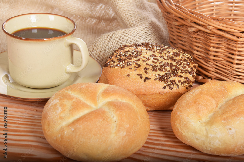 Breakfast with fresh warm bread and coffee