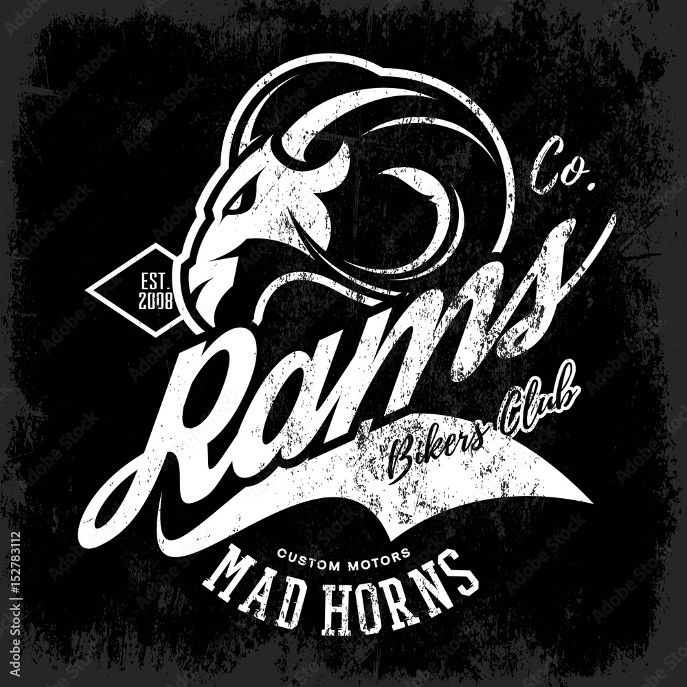 Naklejka premium Vintage American furious ram bikers club tee print vector design isolated on black background. Street wear t-shirt emblem. Premium quality wild animal superior mascot logo concept illustration.