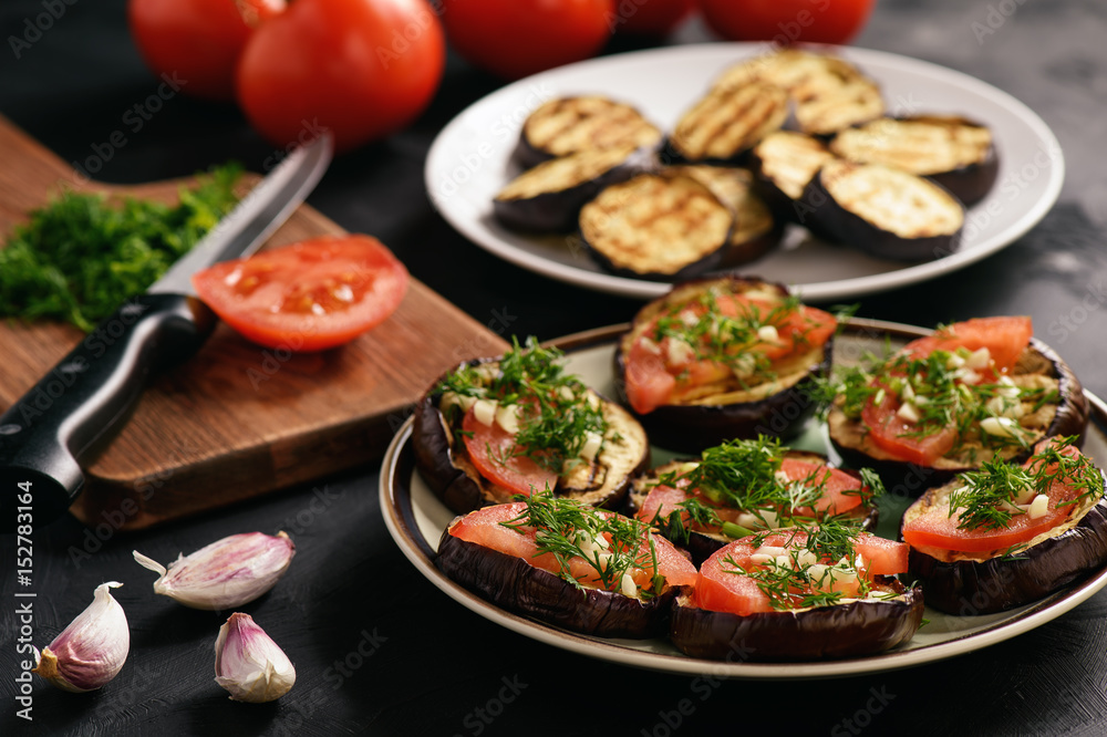 Appetizers- grilled eggplants with tomatoes, garlic and dill.
