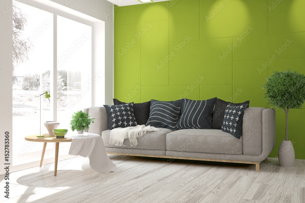 White room with sofa and winter landscape in window. Scandinavian interior design. 3D illustration White room with sofa and winter landscape in window. Scandinavian interior design. 3D illustration