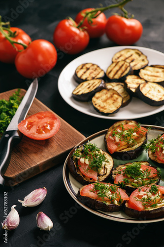 Appetizers- grilled eggplants with tomatoes, garlic and dill.