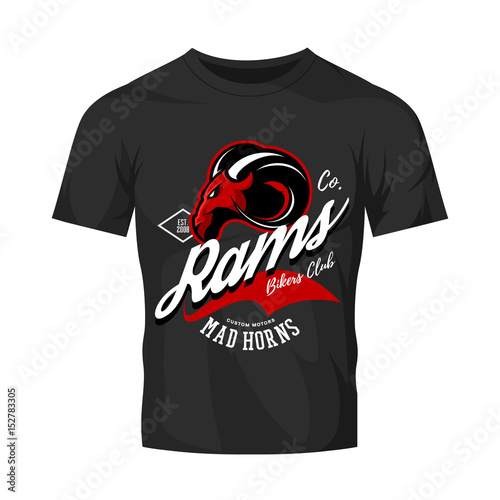 Vintage American furious ram bikers club tee print vector design isolated on black t-shirt mockup. Street wear t-shirt emblem. 
Premium quality wild animal superior mascot logo concept illustration.