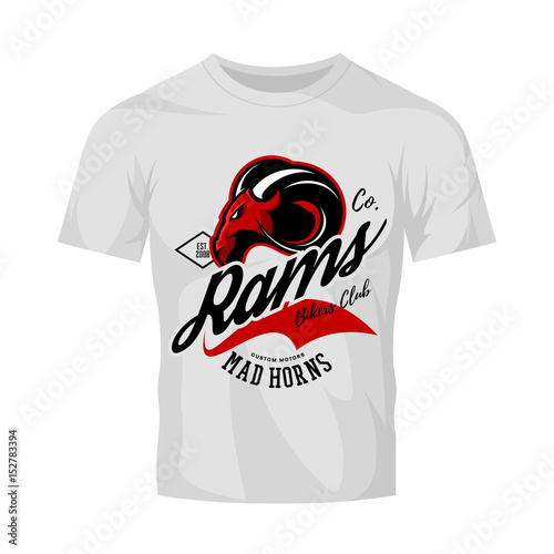 Vintage American furious ram bikers club tee print vector design isolated on white t-shirt mockup. Street wear t-shirt emblem. 
Premium quality wild animal superior mascot logo concept illustration.