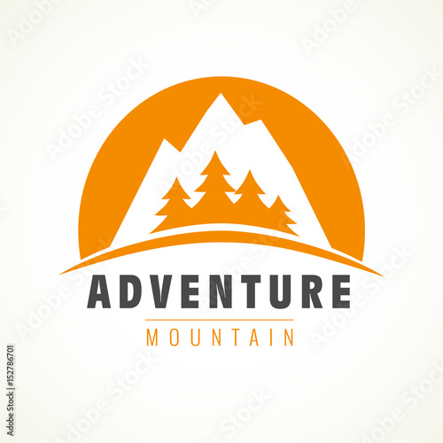 Adventure mountain pine tree logo. Mountain rock and pines outdoor camping labels. Vector climbing label, hiking travel and adventure illustration
