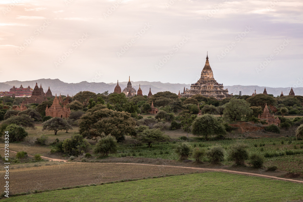 Bagan landscape of temples at sunset