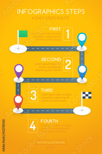 Infographics design with start, and finish goal flags. Infographic shows route steps on the road with differently colored location markers. Graphic design in flat style.
