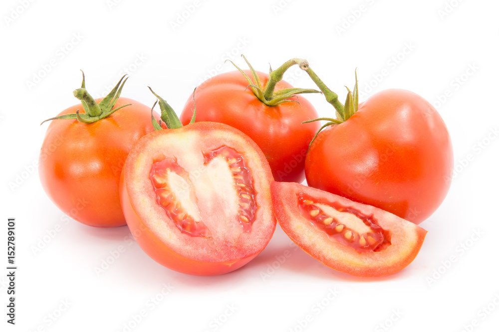 red tomato vegetable with haft and slice isolated on white background red tomato vegetable with haft and slice isolated on white background