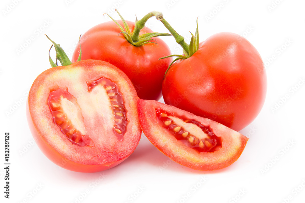red tomato vegetable with haft and slice isolated on white background red tomato vegetable with haft and slice isolated on white background
