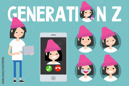 Generation Z conceptual set. sign, full length millennial girl character holding laptop, smartphone and 4 icons with different emotions