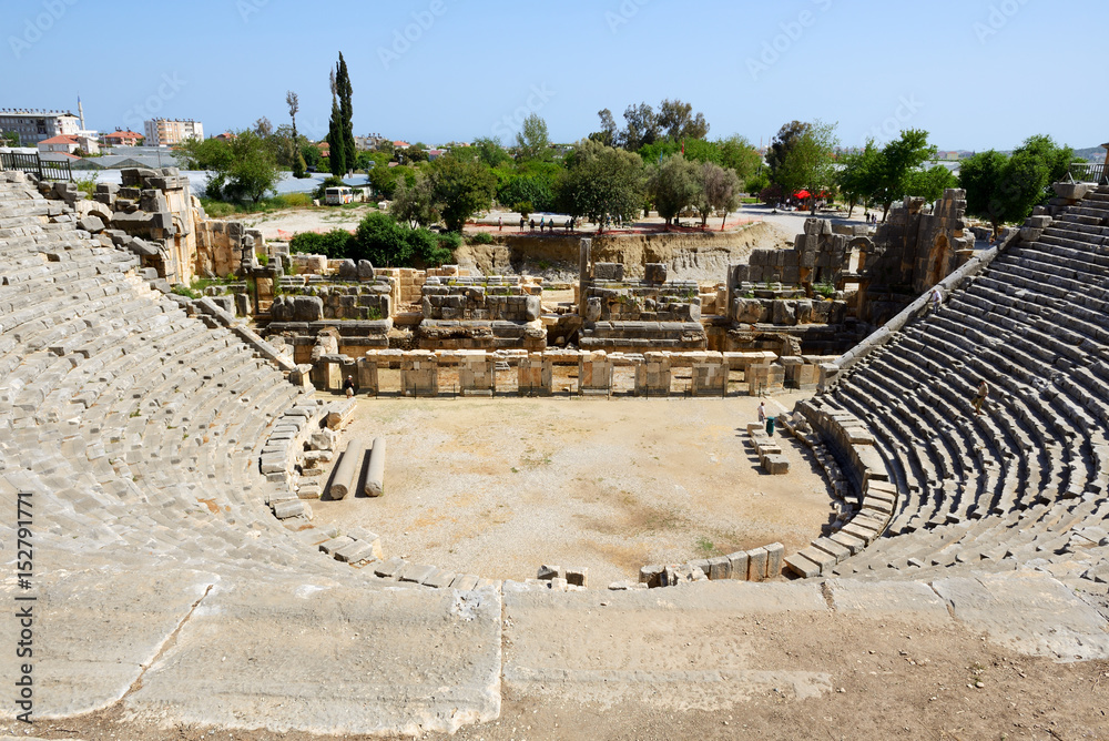 The amphitheater is near rock-cut tombs in Myra, Antalya, Turkey