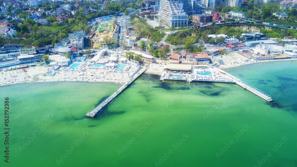 View from the drone to the beach and pool