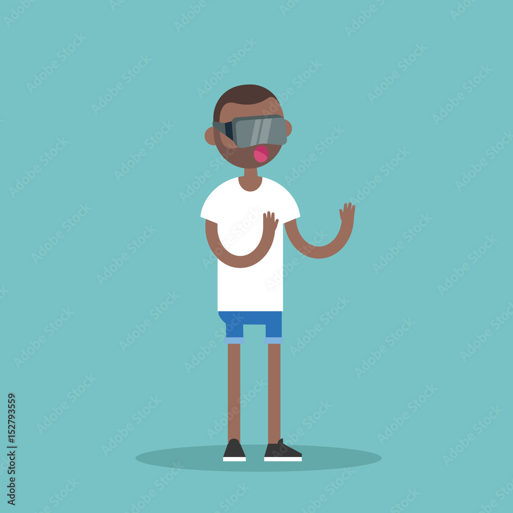 Young black man wearing virtual reality glasses / flat editable vector illustration
