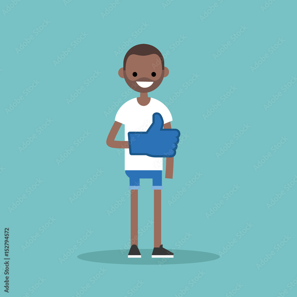 Like concept. Young black man wearing foam finger / editable flat vector illustration