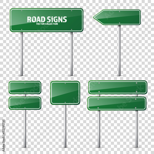 Road green traffic sign. Blank board with place for text.Mockup. Isolated information sign. Direction. Vector illustration.