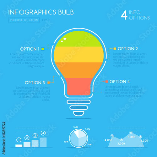 Infographics elements with light bulb icon divided in 4 parts in different colors. 3 chart graphs included showing statistics data for all four infographics options. Vector illustration in flat style